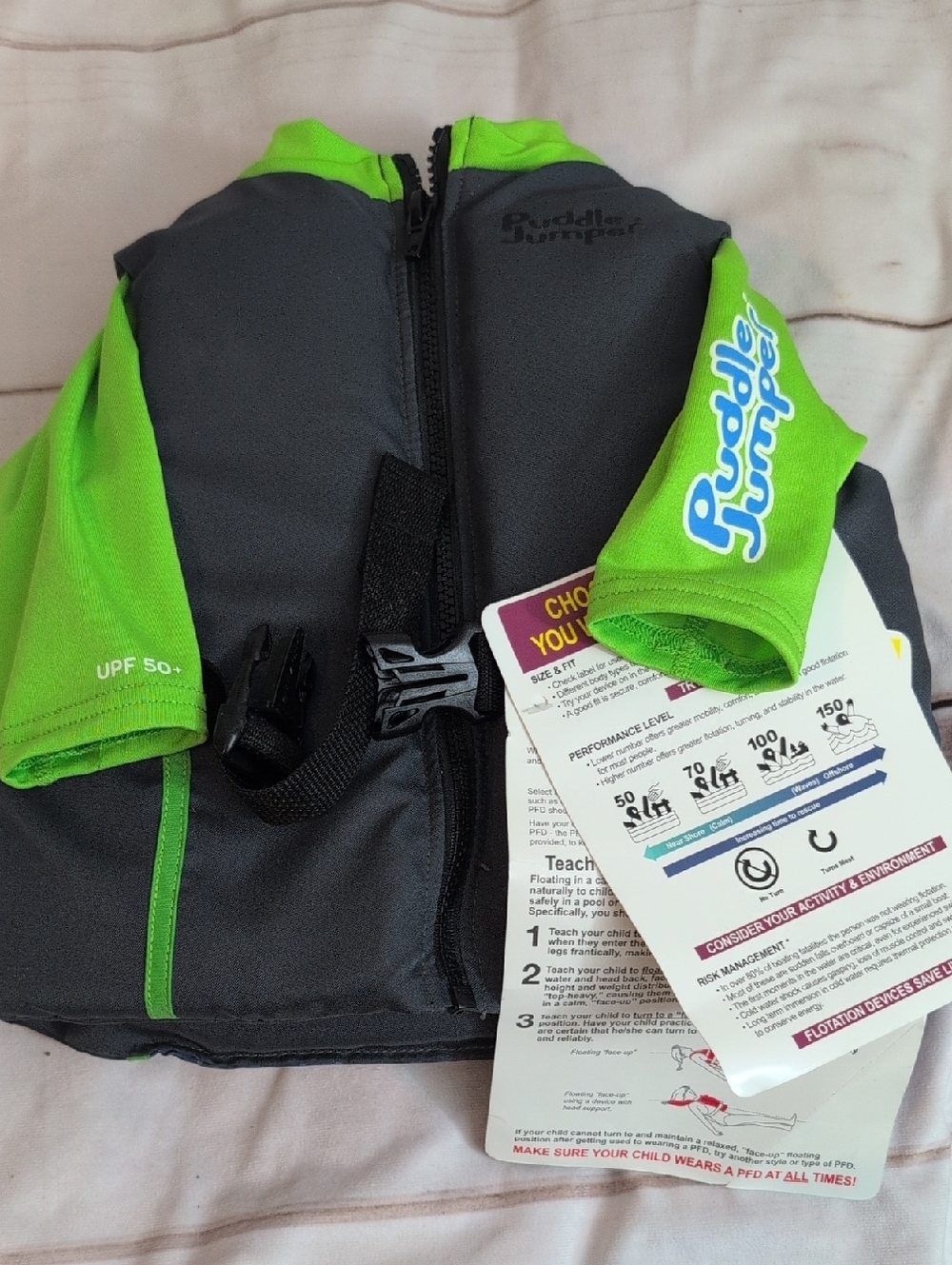 Puddle Jumper Kids 2-in-1 Life Jacket and Rash Guard Sailboats Neon Green